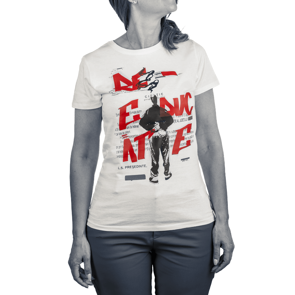 Tricou streetwear alb femei din bumbac, stil urban, cu un imprimeu "Re-educate" | N-one, cadou
