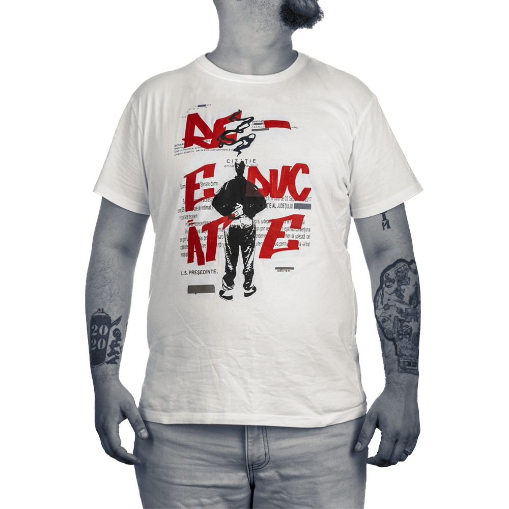 Tricou streetwear alb barbati din bumbac, stil urban, cu un imprimeu "Re-educate" | N-one, cadou